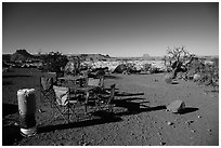 Backcountry camp chairs and tables, Standing Rocks campground. Canyonlands National Park ( black and white)