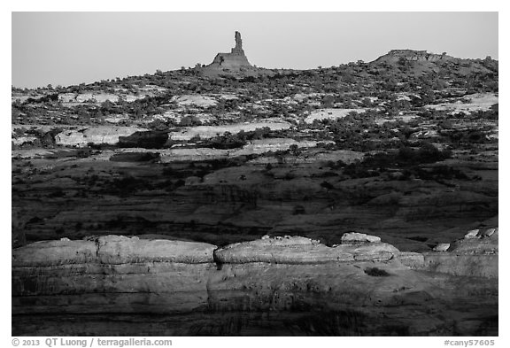 Maze and Chimney Rock at sunset, land of Standing rocks. Canyonlands National Park (black and white)