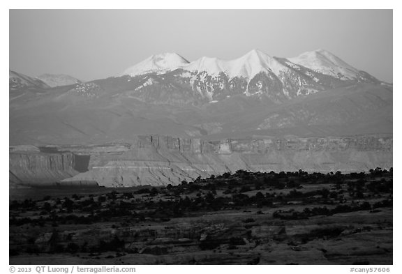 Distant Island in the Sky cliffs and La Sal mountains. Canyonlands National Park (black and white)