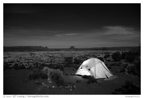 Tent overlooking the Maze at night. Canyonlands National Park (black and white)