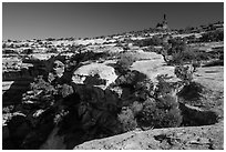 Chimney rock above Maze canyons. Canyonlands National Park, Utah, USA. (black and white)