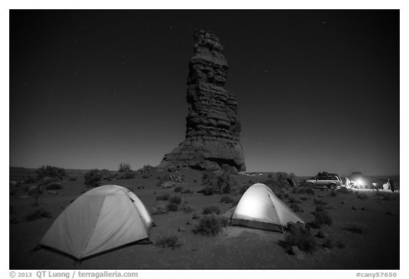 Camp at the base of Standing Rock at night. Canyonlands National Park (black and white)