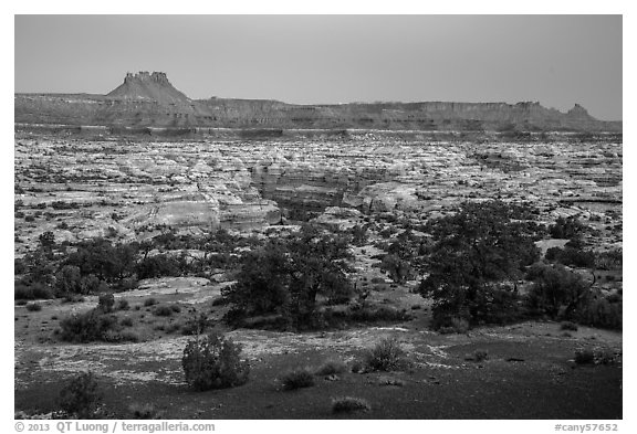 Maze and  Elaterite Butte seen at dawn from Standing Rock. Canyonlands National Park (black and white)