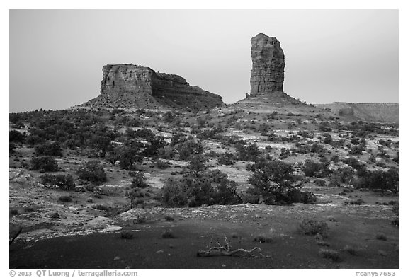 Lizard and Plug rock formations at dawn. Canyonlands National Park (black and white)