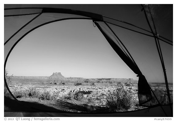 View from inside tent at Standing Rock camp. Canyonlands National Park (black and white)