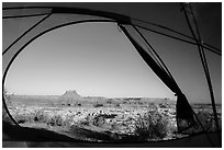 View from inside tent at Standing Rock camp. Canyonlands National Park ( black and white)