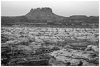 Chocolate drops, Maze canyons, and Elaterite Butte at dawn. Canyonlands National Park, Utah, USA. (black and white)