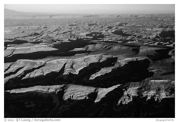 Aerial View of Maze District, Island in the sky in background. Canyonlands National Park (black and white)