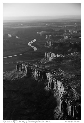 Aerial View of cliffs bordering Green River. Canyonlands National Park (black and white)