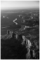 Aerial View of cliffs bordering Green River. Canyonlands National Park, Utah, USA. (black and white)
