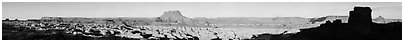 Maze canyons and Chocolate Drops from Petes Mesa, early morning. Canyonlands National Park (Panoramic black and white)