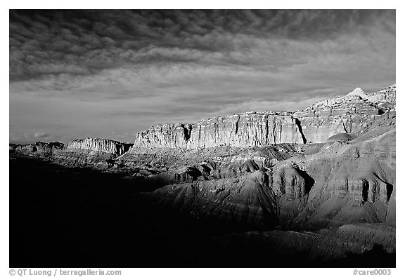 Layers of rock on  West face of Waterpocket Fold at sunset. Capitol Reef National Park (black and white)