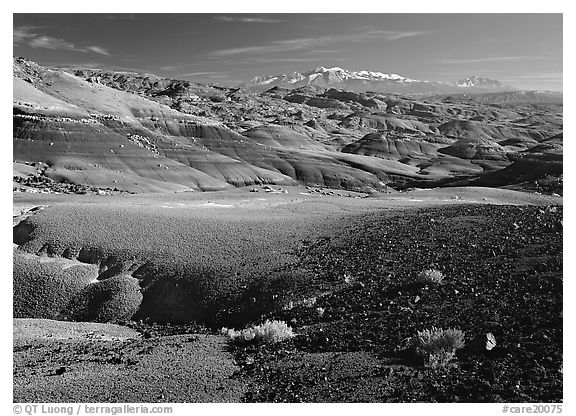 Bentonite hills and Henry Mountains. Capitol Reef National Park (black and white)