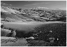 Bentonite hills and Henry Mountains. Capitol Reef National Park, Utah, USA. (black and white)