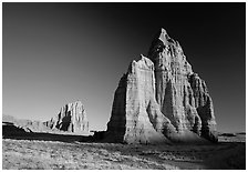 Temple of the Moon in the foreground, temple of the Sun in the background, sunrise, Cathedral Valley. Capitol Reef National Park ( black and white)