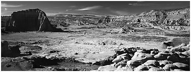 Vast desert landscape, Cathedral Valley. Capitol Reef National Park (Panoramic black and white)