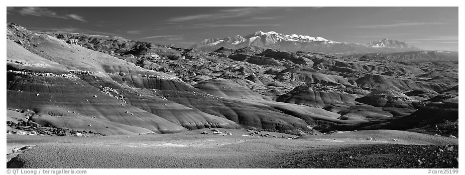 Mudstone landscape and snowy mountains, Cathedral Valley. Capitol Reef National Park (black and white)