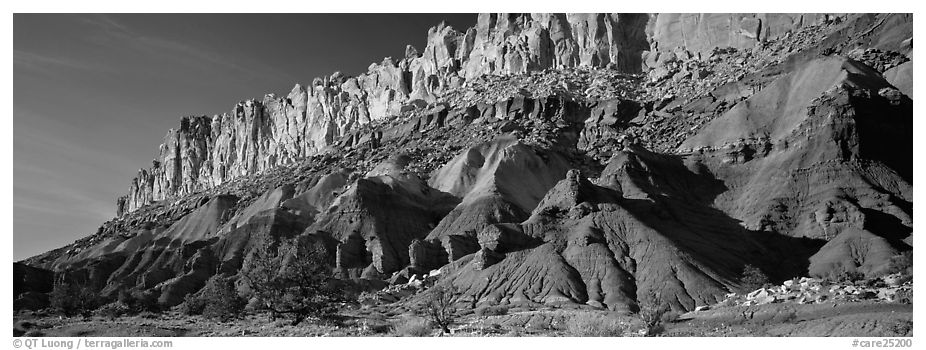 Multi-colored cliffs of Waterpocket Fold. Capitol Reef National Park (black and white)