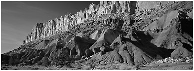 Multi-colored cliffs of Waterpocket Fold. Capitol Reef National Park (Panoramic black and white)