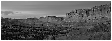 Sandstone cliffs at sunset. Capitol Reef National Park (Panoramic black and white)