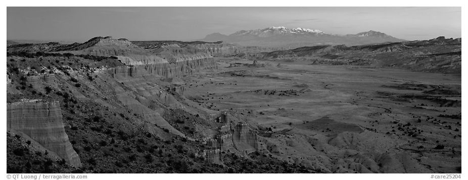 Desert view with cliffs and mountains at dusk. Capitol Reef National Park (black and white)