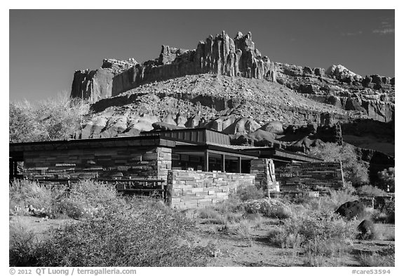 Visitor Center and Castle rock formation. Capitol Reef National Park (black and white)