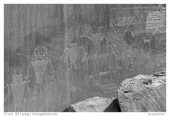 Fremont Petroglyphs of human figures. Capitol Reef National Park (black and white)