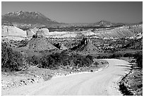Waterpocket Fold and gravel road called Burr trail. Capitol Reef National Park ( black and white)