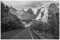 Road and domes in Fremont River Canyon. Capitol Reef National Park, Utah, USA. (black and white)