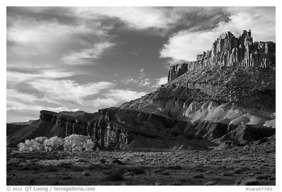 Late afternoon light on Castle and cottowoods in autumn. Capitol Reef National Park (black and white)