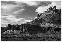 Late afternoon light on Castle and cottowoods in autumn. Capitol Reef National Park, Utah, USA. (black and white)