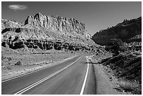Road and cliffs. Capitol Reef National Park, Utah, USA. (black and white)