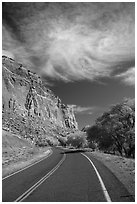 Road, Fruita Orchard in the fall. Capitol Reef National Park, Utah, USA. (black and white)
