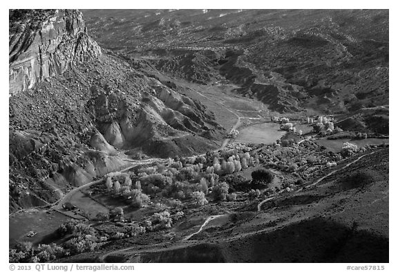 Fruita campground from above in autumn. Capitol Reef National Park (black and white)