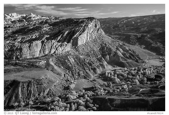Waterpocket Fold cliffs and orchards from Rim Overlook in the fall. Capitol Reef National Park (black and white)
