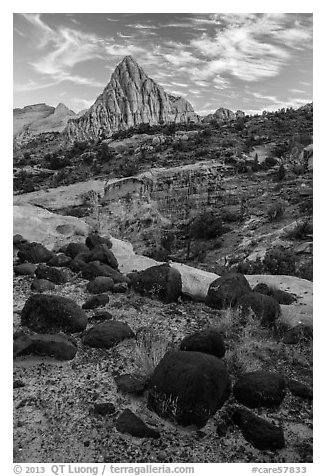 Balsalt boulders and Pectol Pyramid. Capitol Reef National Park (black and white)