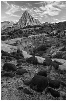 Balsalt boulders and Pectol Pyramid. Capitol Reef National Park, Utah, USA. (black and white)