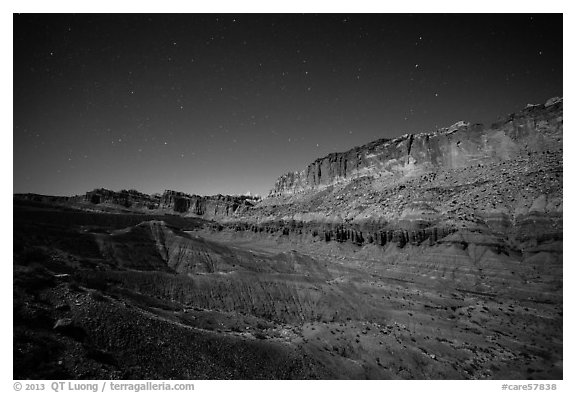 Fluted cliffs of Waterpocket Fold at night. Capitol Reef National Park (black and white)