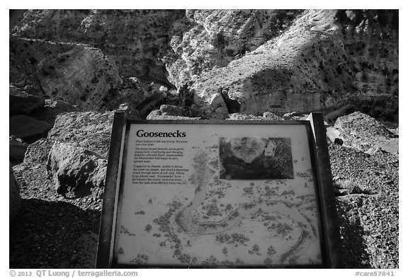 Interpretive sign, Sulfur Creek Goosenecks. Capitol Reef National Park (black and white)