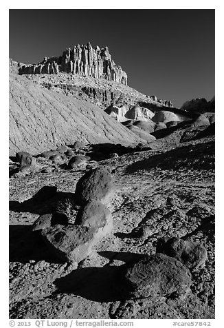Balsalt Boulders and Wingate Sandstone crags of the Castle. Capitol Reef National Park, Utah, USA.