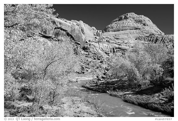 Fremont River and Capitol Dome in autumn. Capitol Reef National Park (black and white)