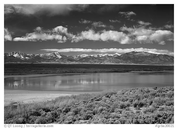 Sagebrush, lake, and Snake Range. Great Basin National Park (black and white)