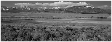 Sagebrush plain and Snake range rising above desert. Great Basin National Park (Panoramic black and white)