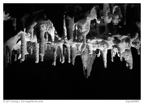 Water drops dripping of stalactites, Lehman Cave. Great Basin National Park (black and white)