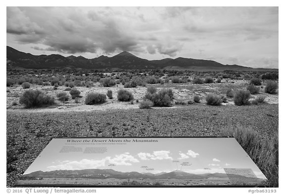 Desert meets mountains interpretive sign. Great Basin National Park (black and white)
