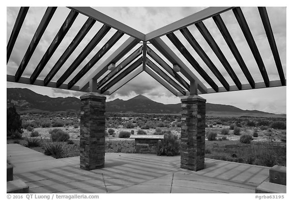 Courtyard, sign and mountains, Great Basin Visitor Center. Great Basin National Park (black and white)