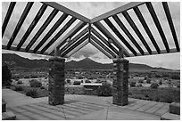 Courtyard, sign and mountains, Great Basin Visitor Center. Great Basin National Park ( black and white)