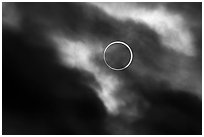 Sun and clouds, end of annularity, eclipse of Oct 14, 2023. Great Basin National Park ( black and white)