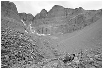 Hikers at the base of the North Face of Wheeler Peak. Great Basin National Park, Nevada, USA. (black and white)