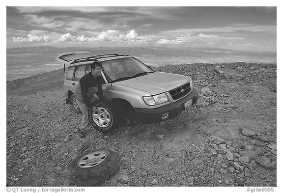 Flat tire on Mt Washington. Great Basin National Park (black and white)